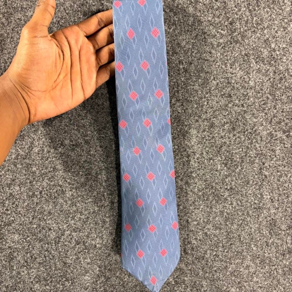Yves Saint Laurent YSL Silk Necktie Geometric Diamond Pattern Blue Red Tie